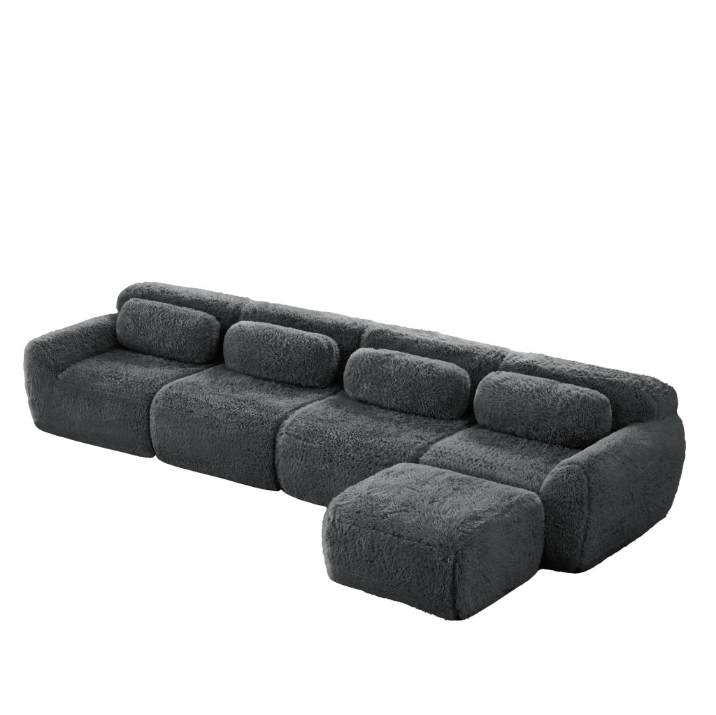 Divano angolare modulare 4 posti a L 378x179x73 cm in tessuto plush grigio con chaise longue