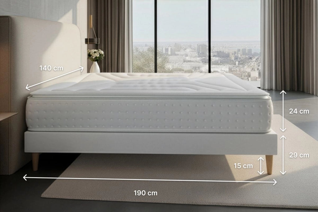 Pacchetto letto completo - Materasso 140x190cm + Box spring con doghe (kit) + 2 cuscini + Piumino - Vingt-Quatre PLUS