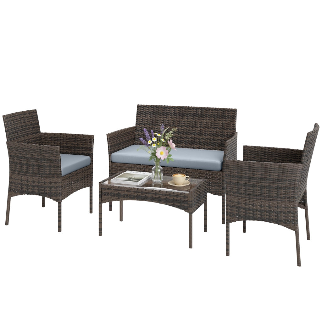 Set giardino in polyrattan con divano, poltrone e tavolo in vetro ¨C zephmum ¨C marrone e grigio