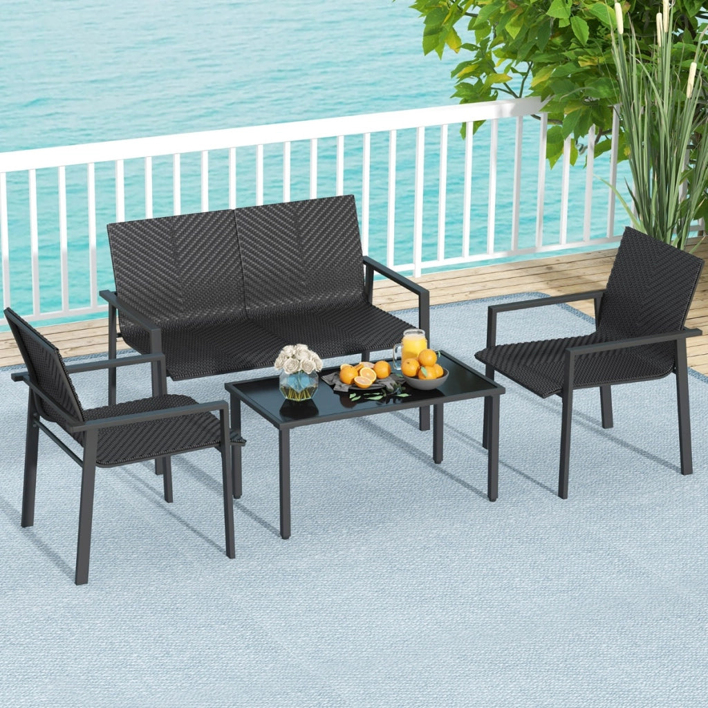 Set di mobili da giardino 4 pezzi, Set di tavolo e sedie in intrecciato di vimini su telaio metallico galvanizzato Nero-Set mobili da esterno