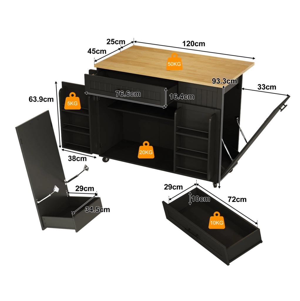 Isola da cucina mobile nera in MDF con piano ribaltabile