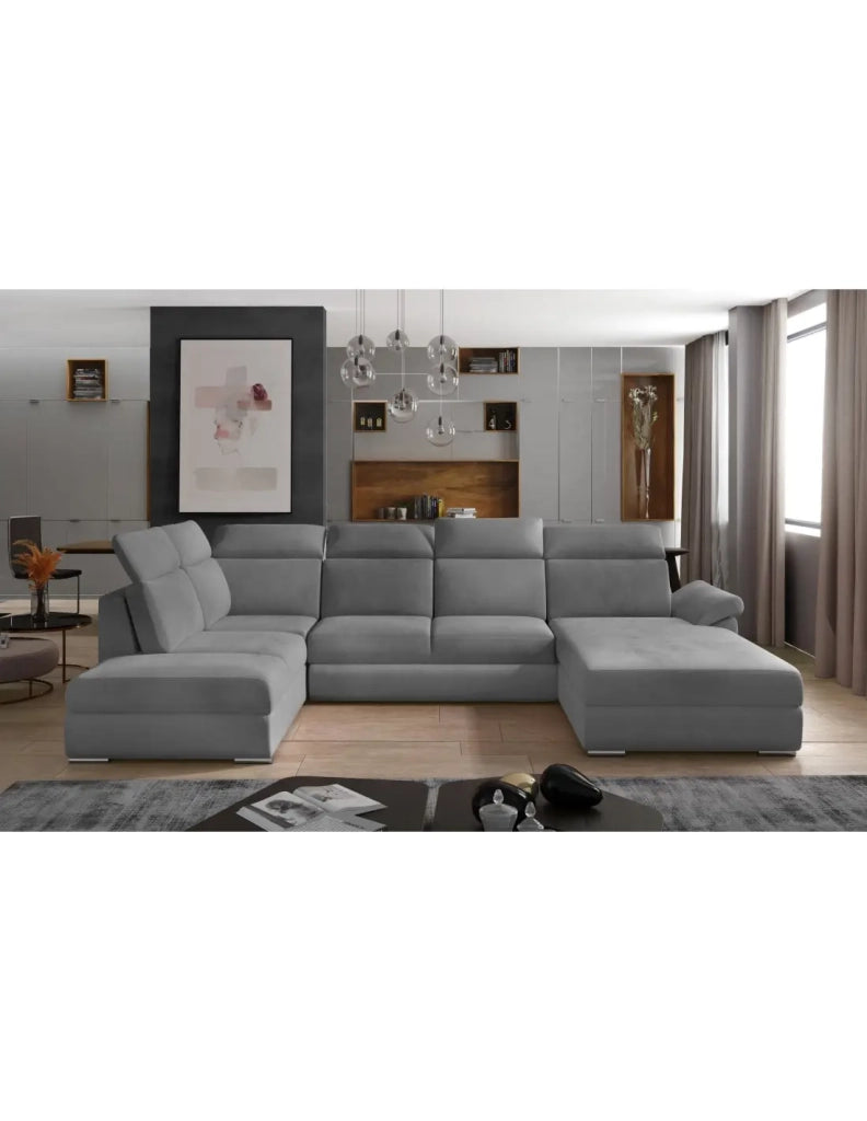 Divano panoramico convertibile MAJESTA 5 posti grigio – angolo destro con contenitore