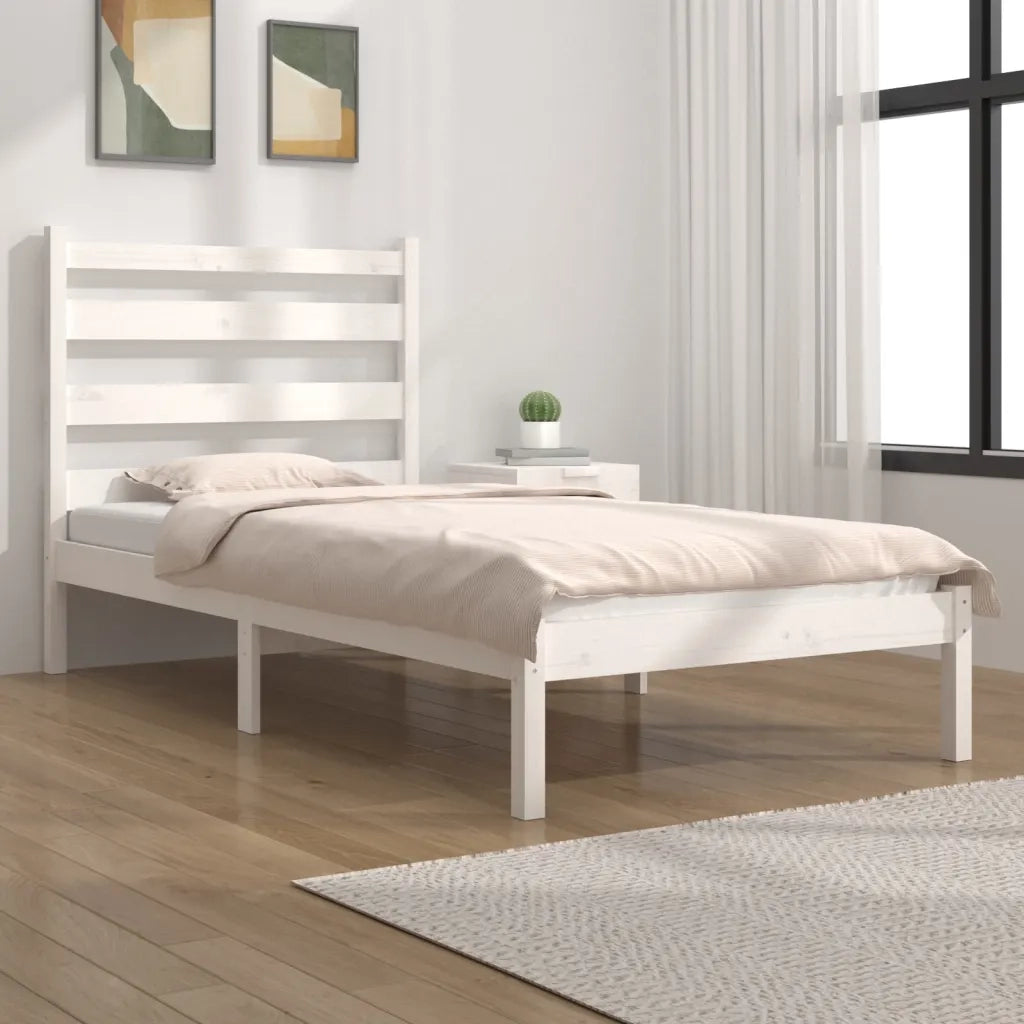 Letto singolo | Letto per adulti | Giroletto Bianco in Legno Massello di Pino 100x200 cm