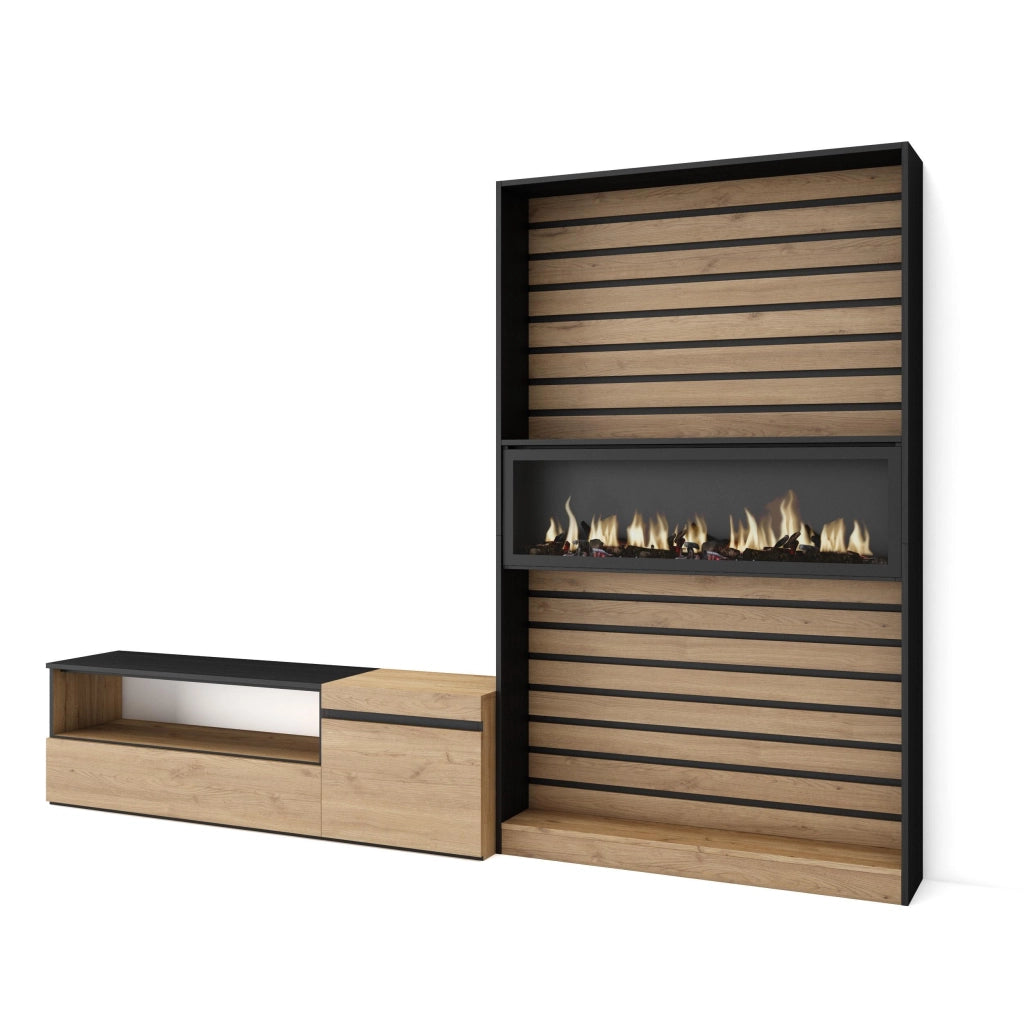 Mobile TV, Soggiorno, 260x35x186cm, Per TV fino a 65", Camino elettrico, colore Rovere e nero RF2537