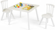 Set Tavolo e 2 Sedie per Bambini, Tavolo Attività con Schienali a Spindola Curvi, Sedute Rotonde e Gambe in Legno Massello, Tavolino per Bambini 3+ Anni per Disegno, Gioco e Studio (Bianco)