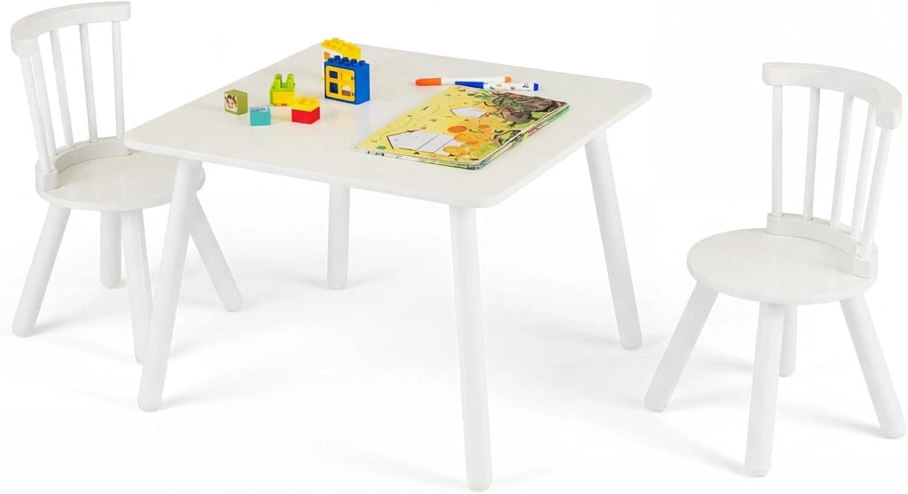 Set Tavolo e 2 Sedie per Bambini, Tavolo Attività con Schienali a Spindola Curvi, Sedute Rotonde e Gambe in Legno Massello, Tavolino per Bambini 3+ Anni per Disegno, Gioco e Studio (Bianco)