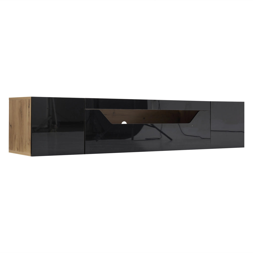 Mobile TV a Parete con LED ¨C MINIMAL ¨C Nero/Legno, 180x37x36 cm, 3 Vani