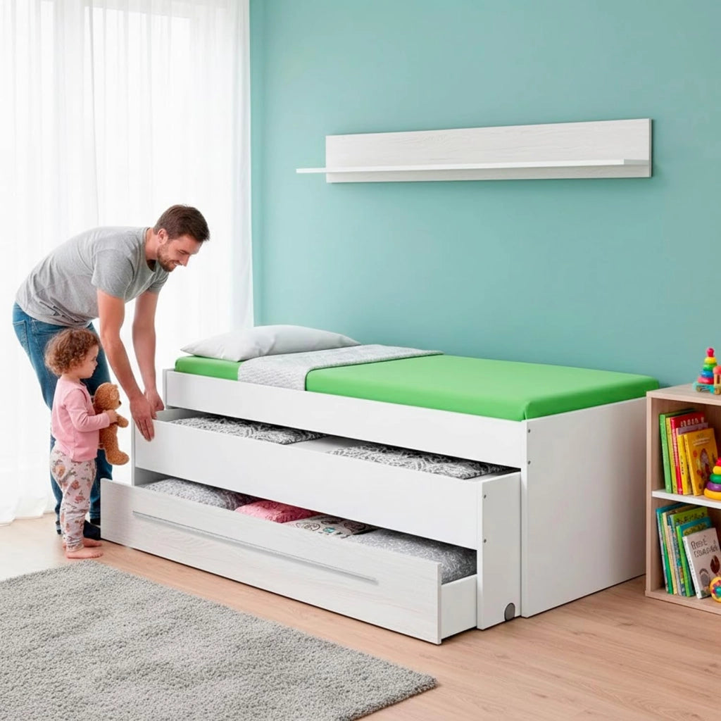 Letto Estraibile Con Cassetto Integrato E Mensola Design Nordico Ideale Per Camerette Piccole Pratico Robusto E Funzionale 65 × 199 × 96 Cm Bianco E Bianco Effetto Legno