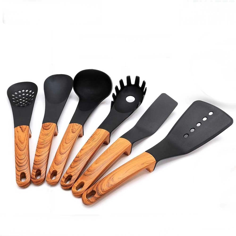 Set 6 Mestoli da Cucina per Uso Alimentare Resistenti al Calore con Supporto Legno