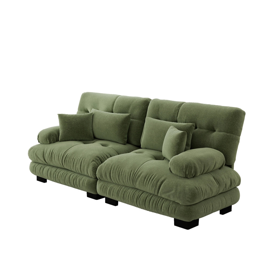 Divano modulare con seduta profonda e cuscini lombari e decorativi per soggiorno in ciniglia verde 220 × 77 × 81 cm