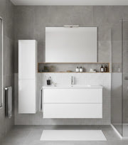 Mobile Bagno LOKI Già Montato 2 cassetti con piedini, lavabo e specchio Bianco lucido 100x40 cm con colonna