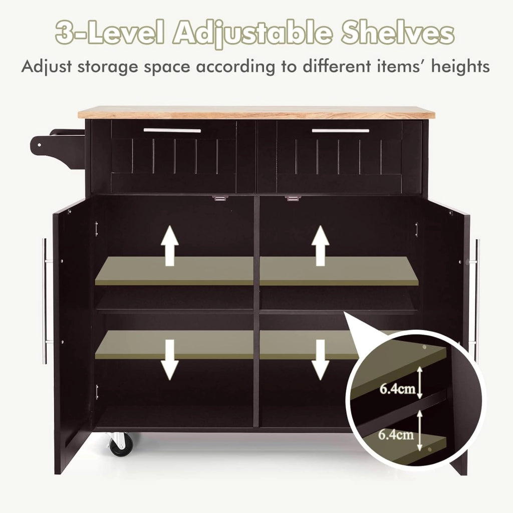 Carrello da Cucina in Legno con Piano di Lavoro, Armadio da Cucina su Ruote, Carrello da Portata con Portasciugamani e 2 Cassetti, Isola da Cucina Mobile, 3 Colori