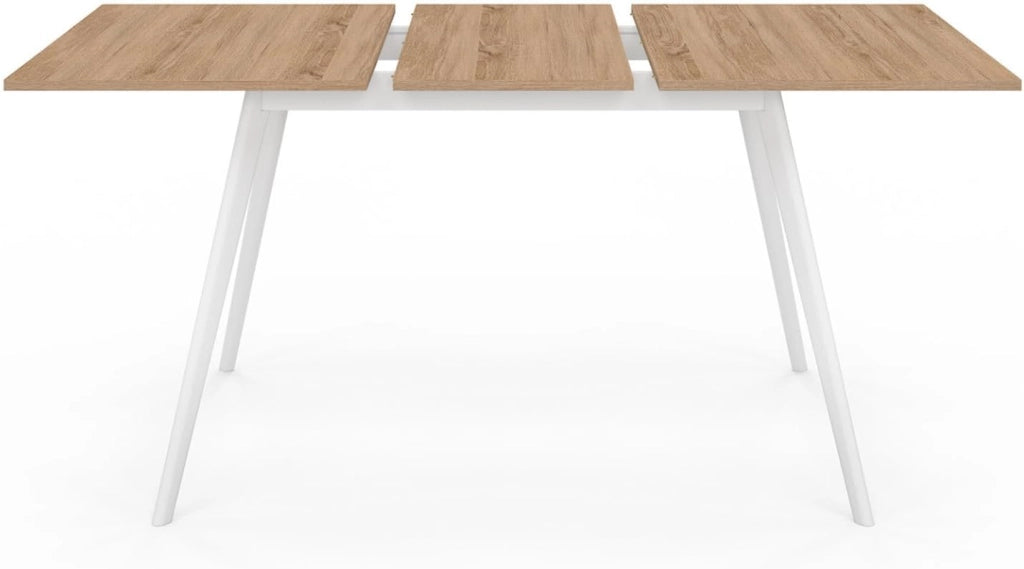 Tavolo rettangolare allungabile scandinavo INGA, 4-8 persone, piano in legno, gambe bianche 110-150 cm