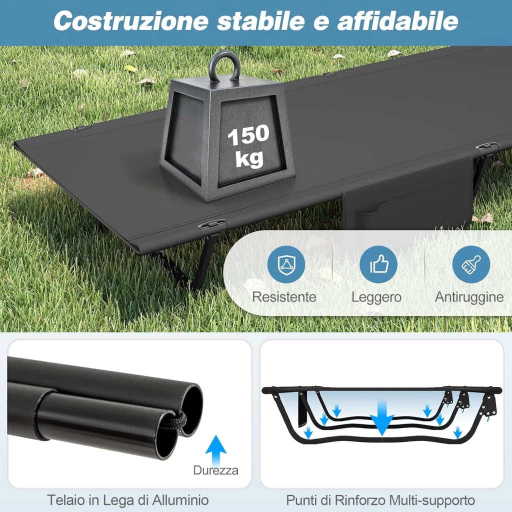 Brandina da Campeggio, Letto Pieghevole e Portatile con Tasca Laterale e Borsa da Trasporto, Lettino con Struttura in Metallo per Viaggio e Spiaggia, Portata 150 kg
