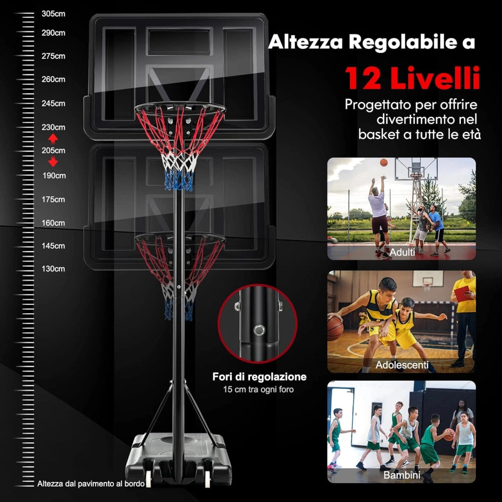 Canestro da Basket Regolabile in Altezza 130-305 cm, Resistente alle Intemperie con Tabellone da 110 cm, Canestro da Basket da Esterno ed Interno per Adulti e Adolescenti
