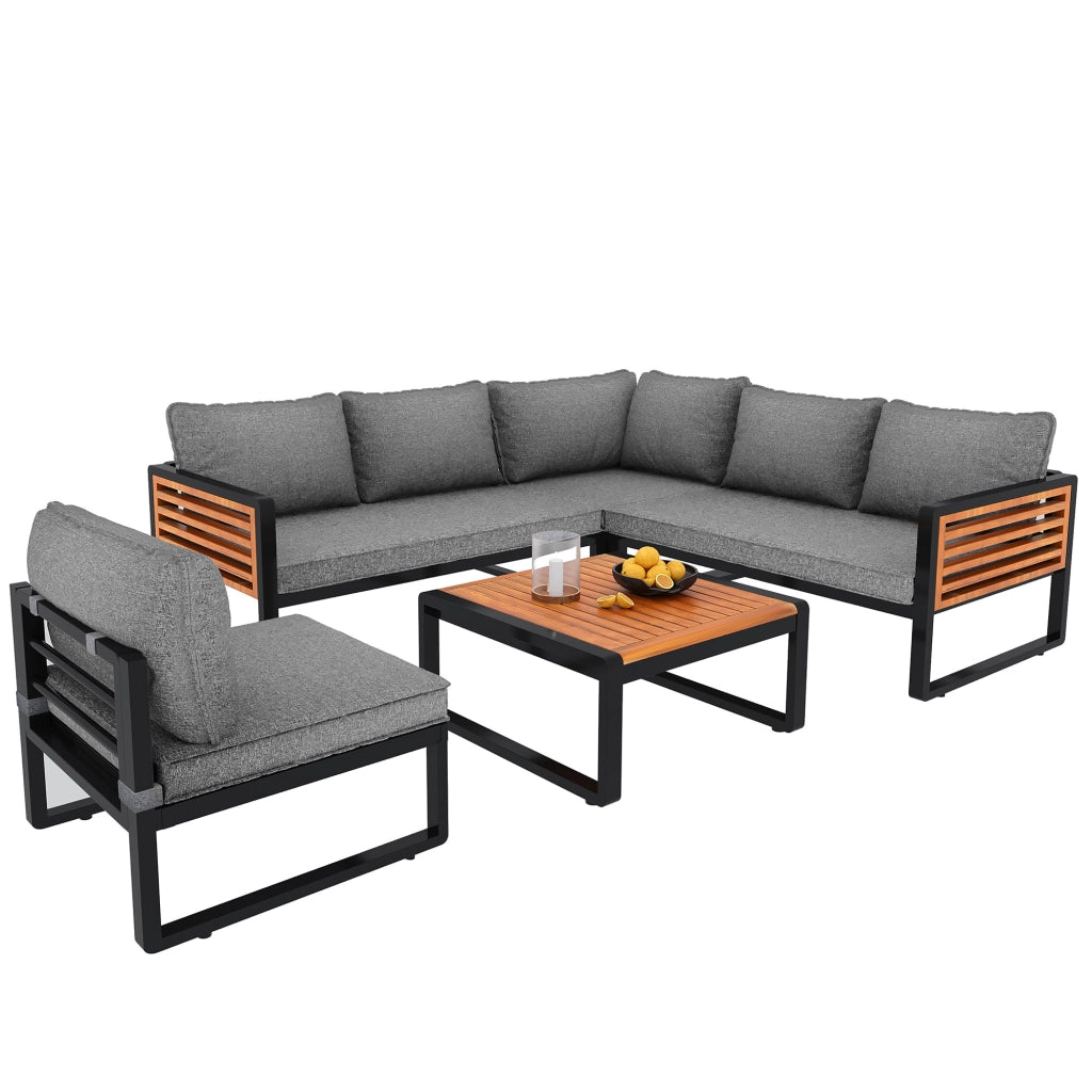 Set Divano da Giardino 5-6 Posti con Braccioli in Legno ¨C MINIMAL ¨C Polyrattan, Metallo