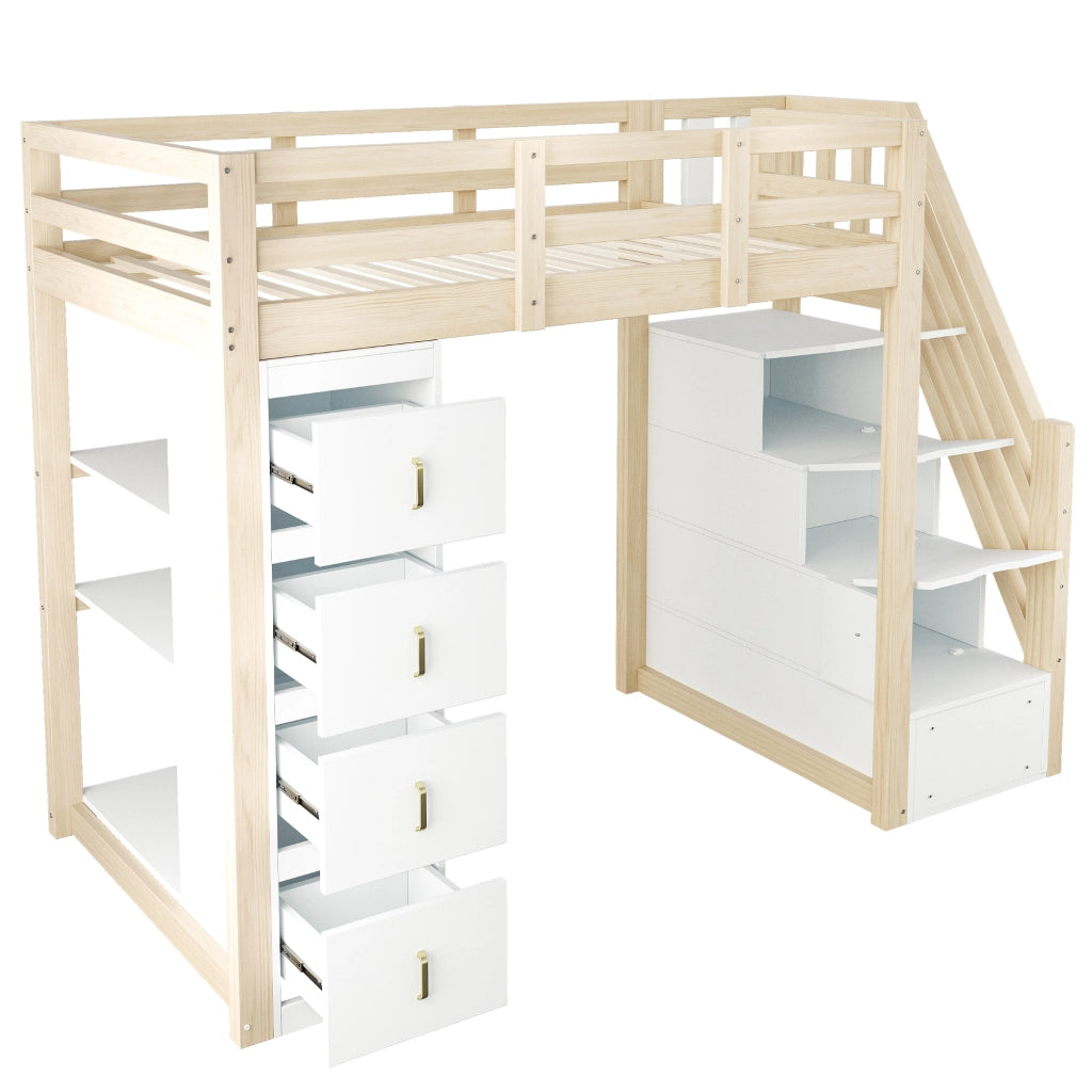 LETTO A CASTELLO 90x200 cm in legno naturale con 4 cassetti e scaffale