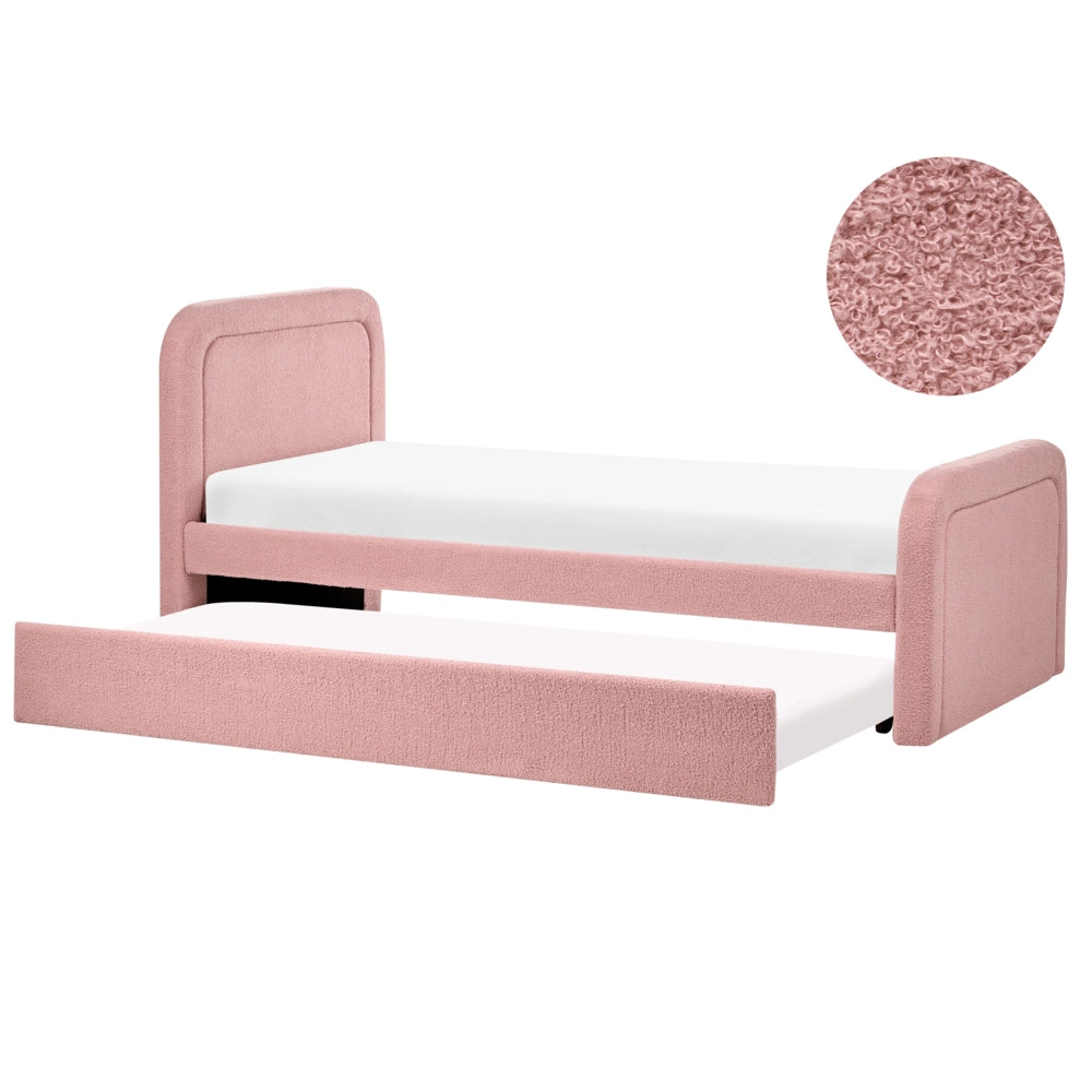 Letto singolo con secondo letto a scomparsa in tessuto Boucle 90 x 200 cm con rete a doghe rivestimento trapuntato rosa camera da letto cameretta