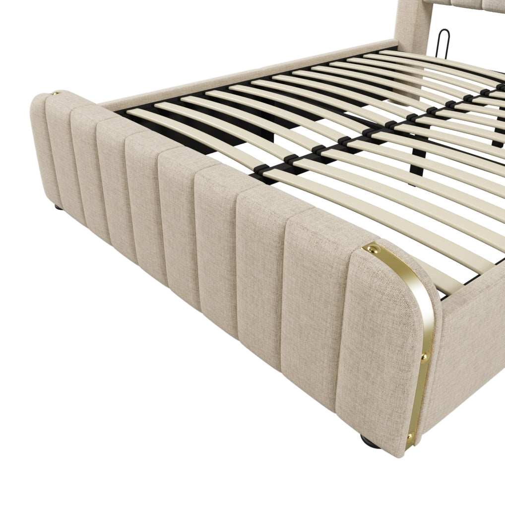 Letto matrimoniale contenitore 140x200 cm in lino beige con testiera USB e Type-C