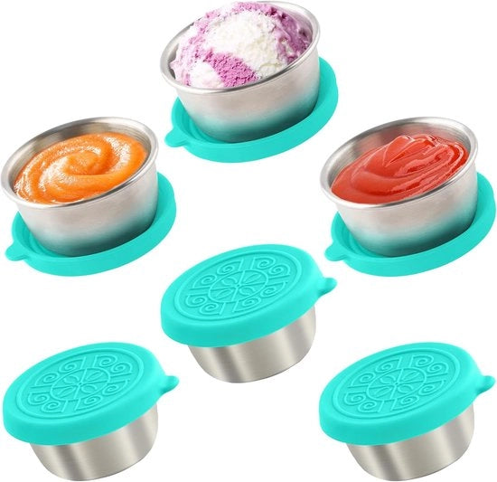 6x Sacchetti di Salsa Riscaldabili in Acciaio Inossidabile 35ml - Progettati per essere Lekdicht e Fiadelfi per Borsa di Pranzo e Cucina all'Aperto - Chiusura Magnetica (Inclusi i Coperchi)