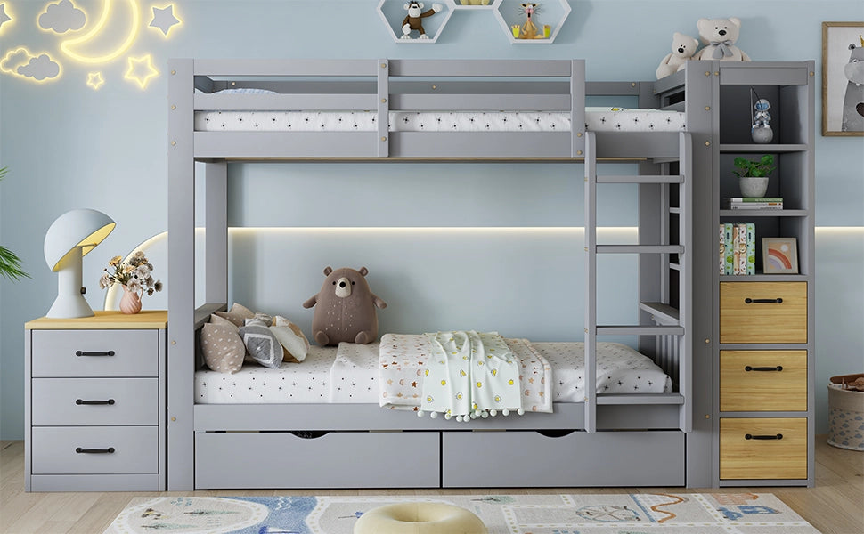 Letto a castello 90 × 200 cm grigio con cassetti scaffale laterale e comodino indipendente in legno