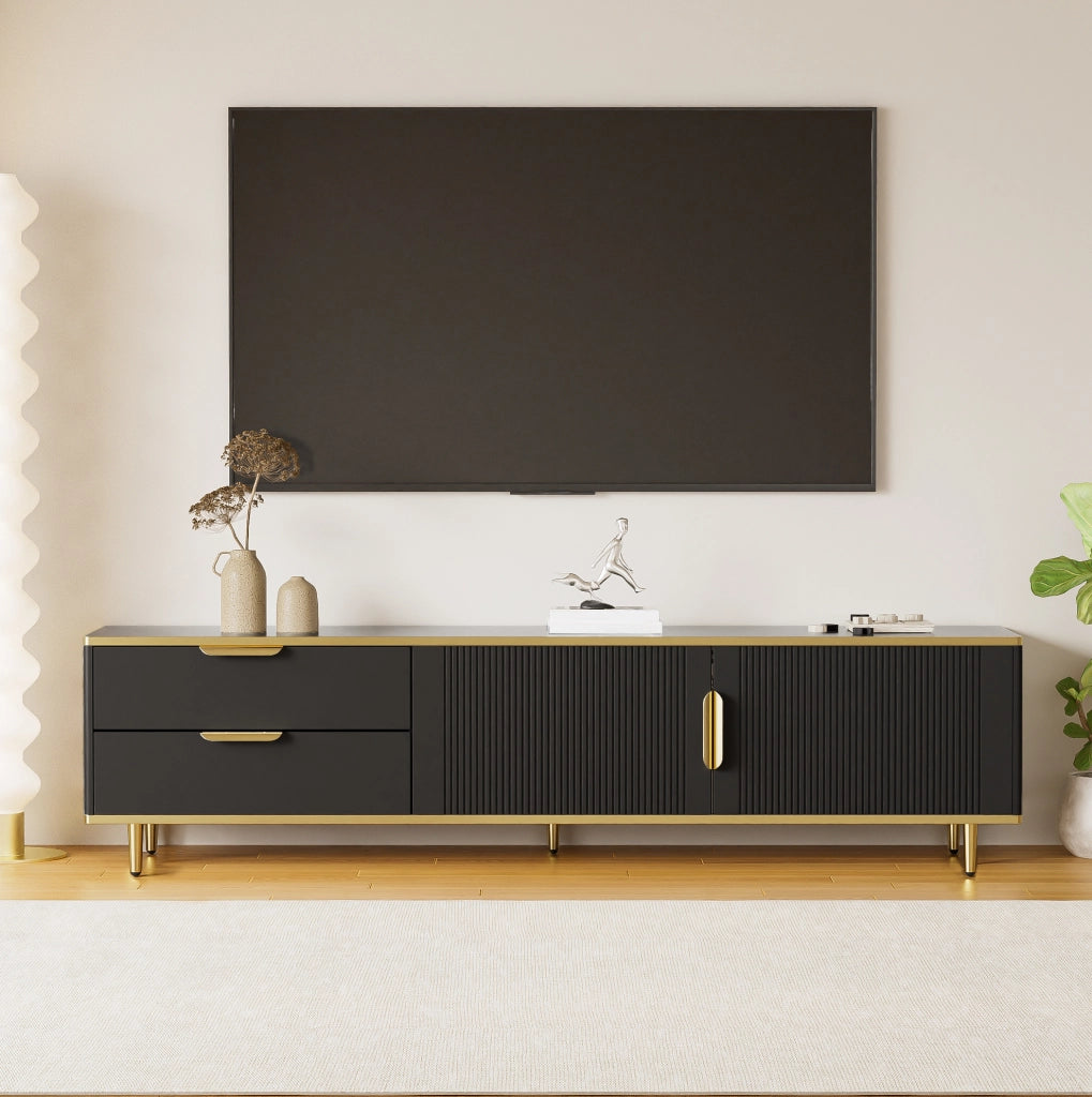 Mobile TV 170x45x37 cm con 2 cassetti e 2 ante in MDF e truciolare; nero e oro