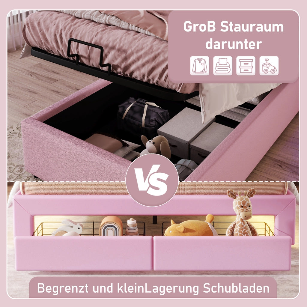 LETTO Contenitore 90x200 cm PU Rosa con luce LED