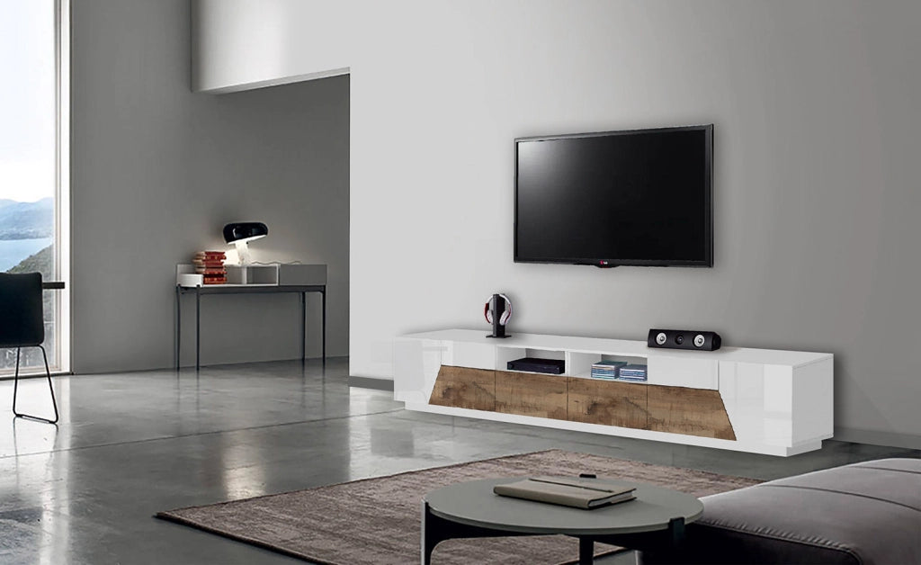 Mobile TV 4 Ante 2 Cassetti 260x43x46 cm Alien Bianco Lucido e Acero Pereira