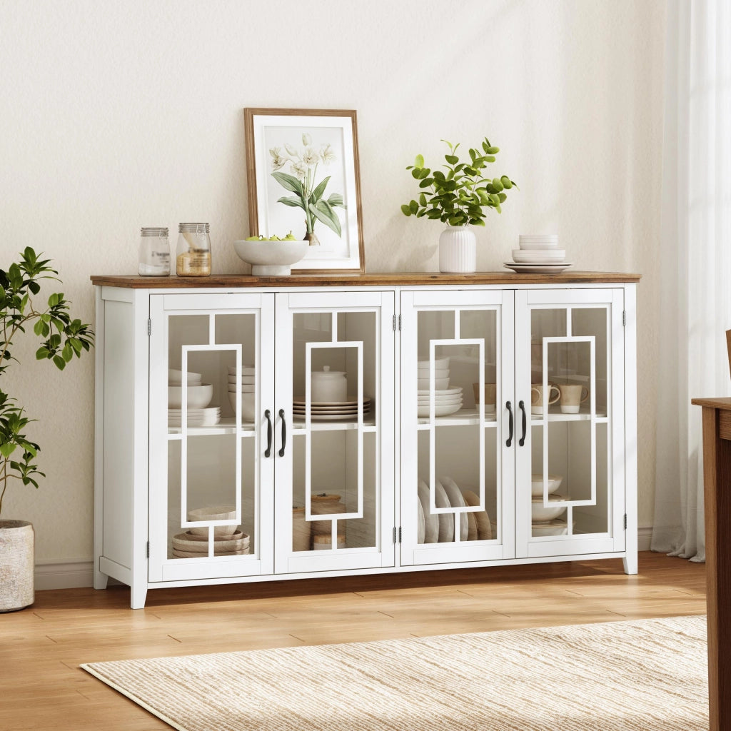 Credenza con 2 ante in vetro e 2 vani contenitore, piano effetto legno per cucina e soggiorno, bianca 160 × 40 × 86 cm