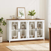 Credenza con 2 ante in vetro e 2 vani contenitore, piano effetto legno per cucina e soggiorno, bianca 160 × 40 × 86 cm