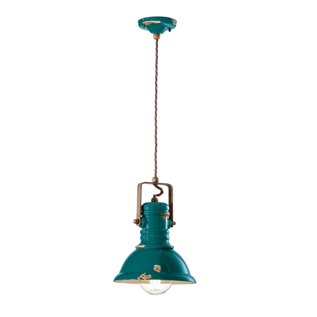 Lampadario Industrial Ferro E Ceramica Vintage Verde 1 Luce E27 23Cm