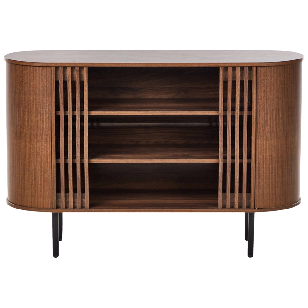 Credenza in truciolato marrone scuro con gambe in metallo stile retrò