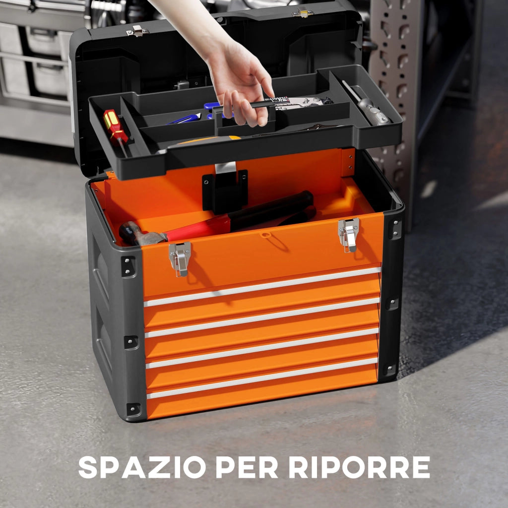 Cassetta Porta Attrezzi con 4 Cassetti e Scomparto Superiore in Acciaio e Plastica, Arancione e Nero