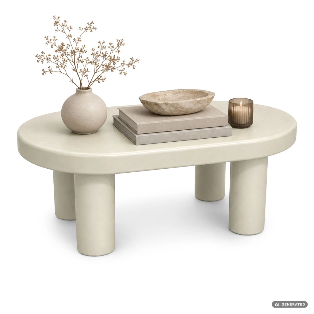 Tavolino da salotto ovale MATE 85 cm crema con quattro gambe cilindriche