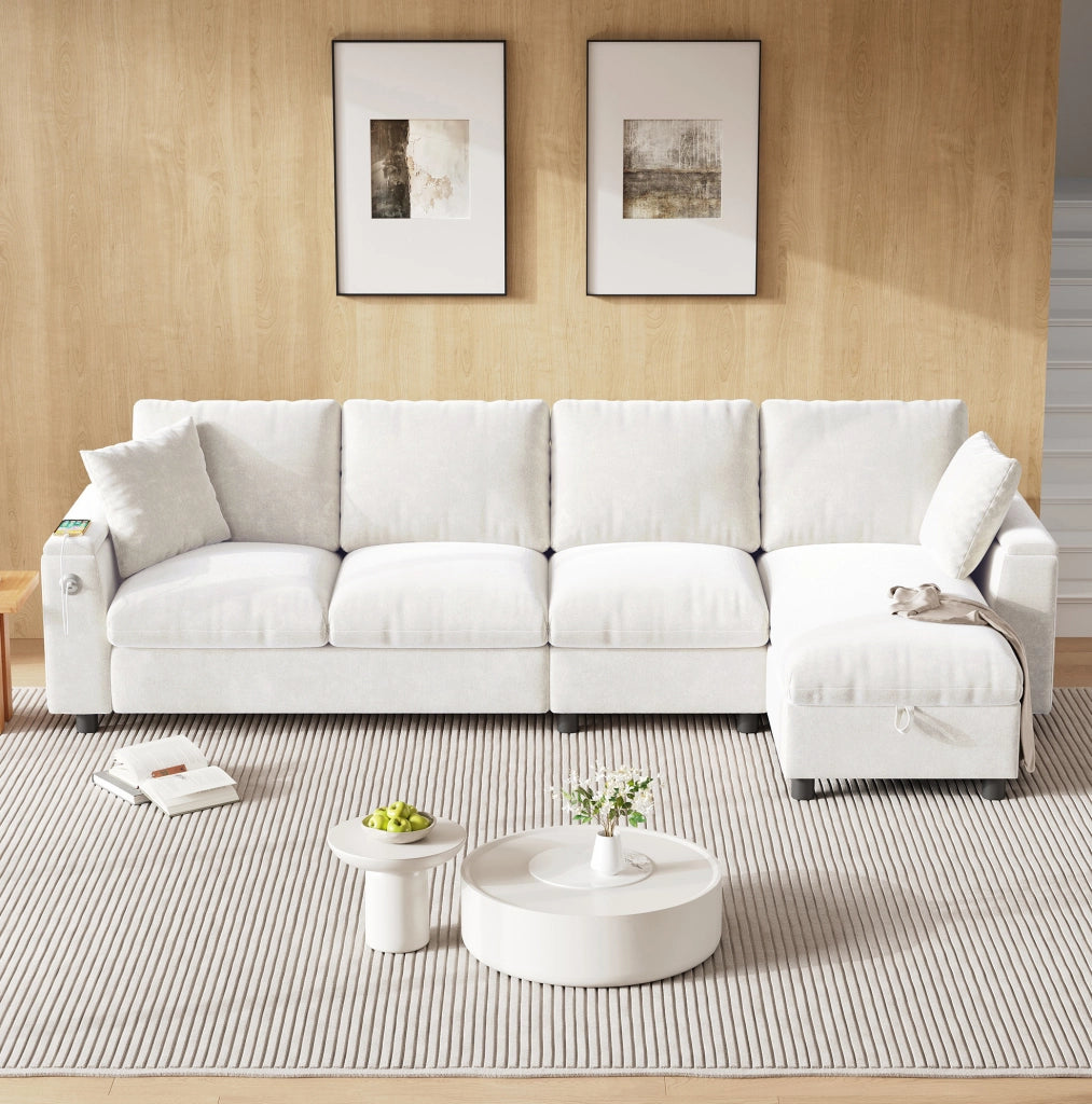 Divano letto angolare 280x137x84 cm con tavolino ribaltabile e contenitore in chenille beige