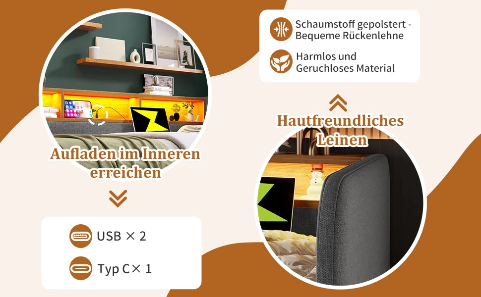 Letto divano 140 × 190 cm con LED, USB e Type-C, 2 cassetti, senza materasso, in lino, grigio