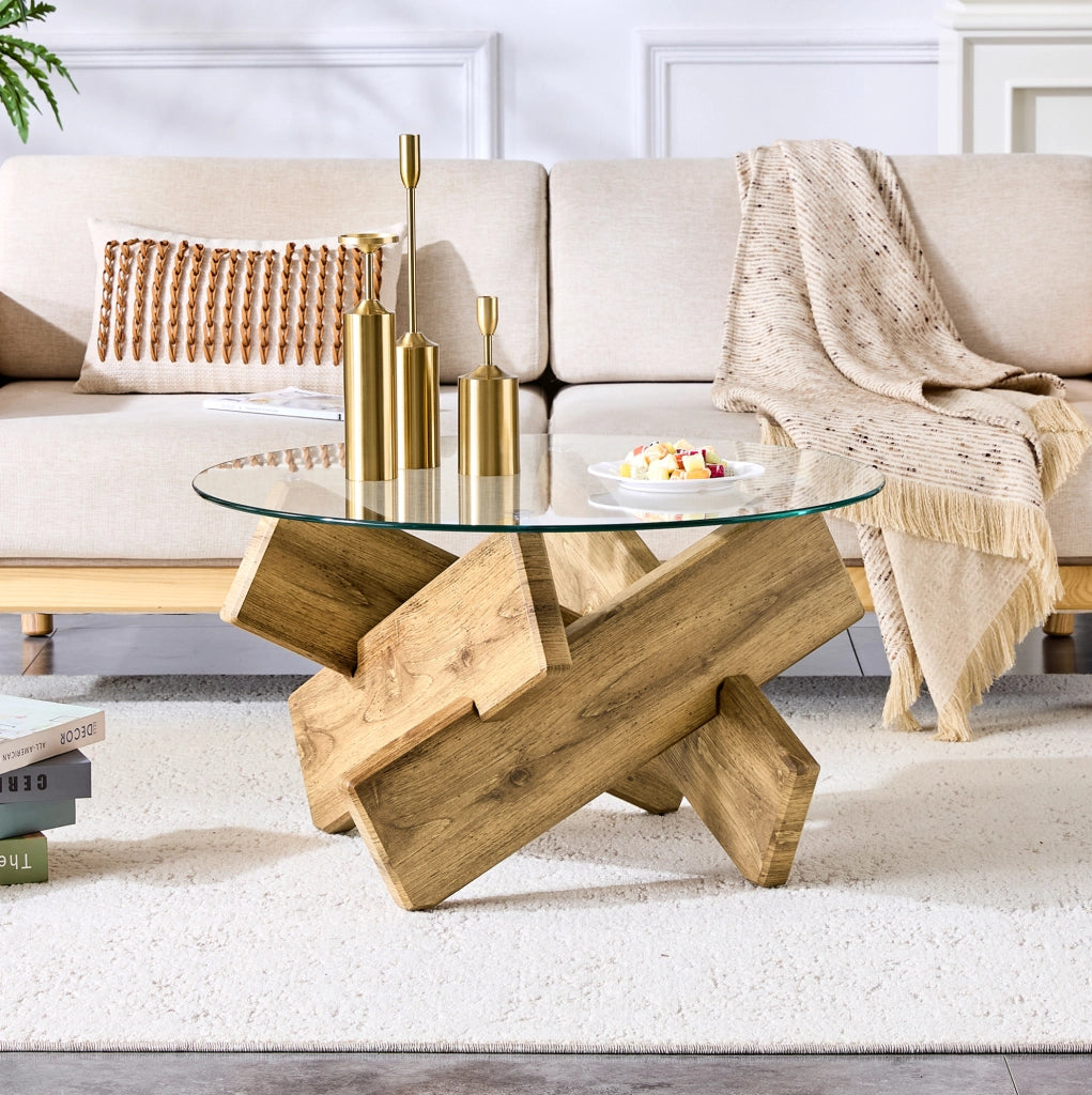 Tavolino da caffè rotondo in MDF e vetro, design a croce, Ø 79 cm