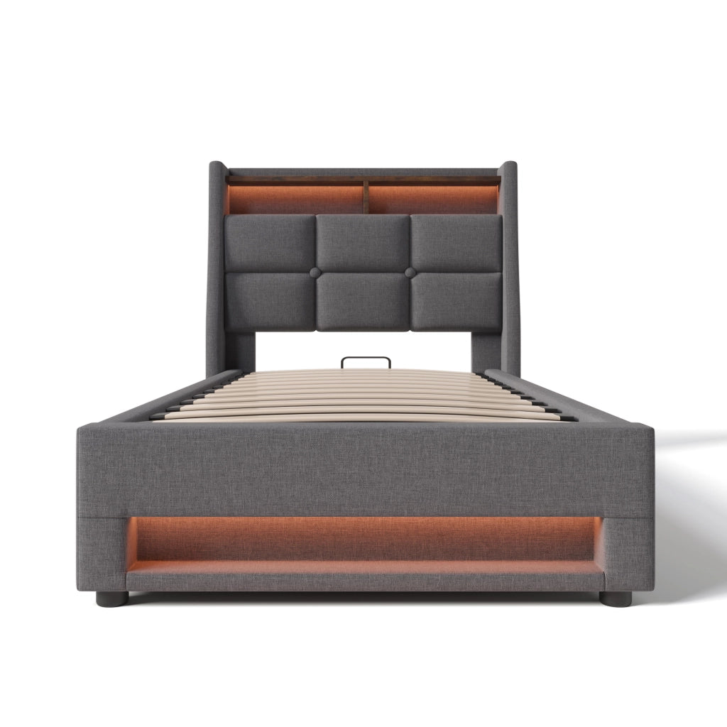 Letti contenitori 90x200 cm con LED e USB; lino grigio (Senza materasso)