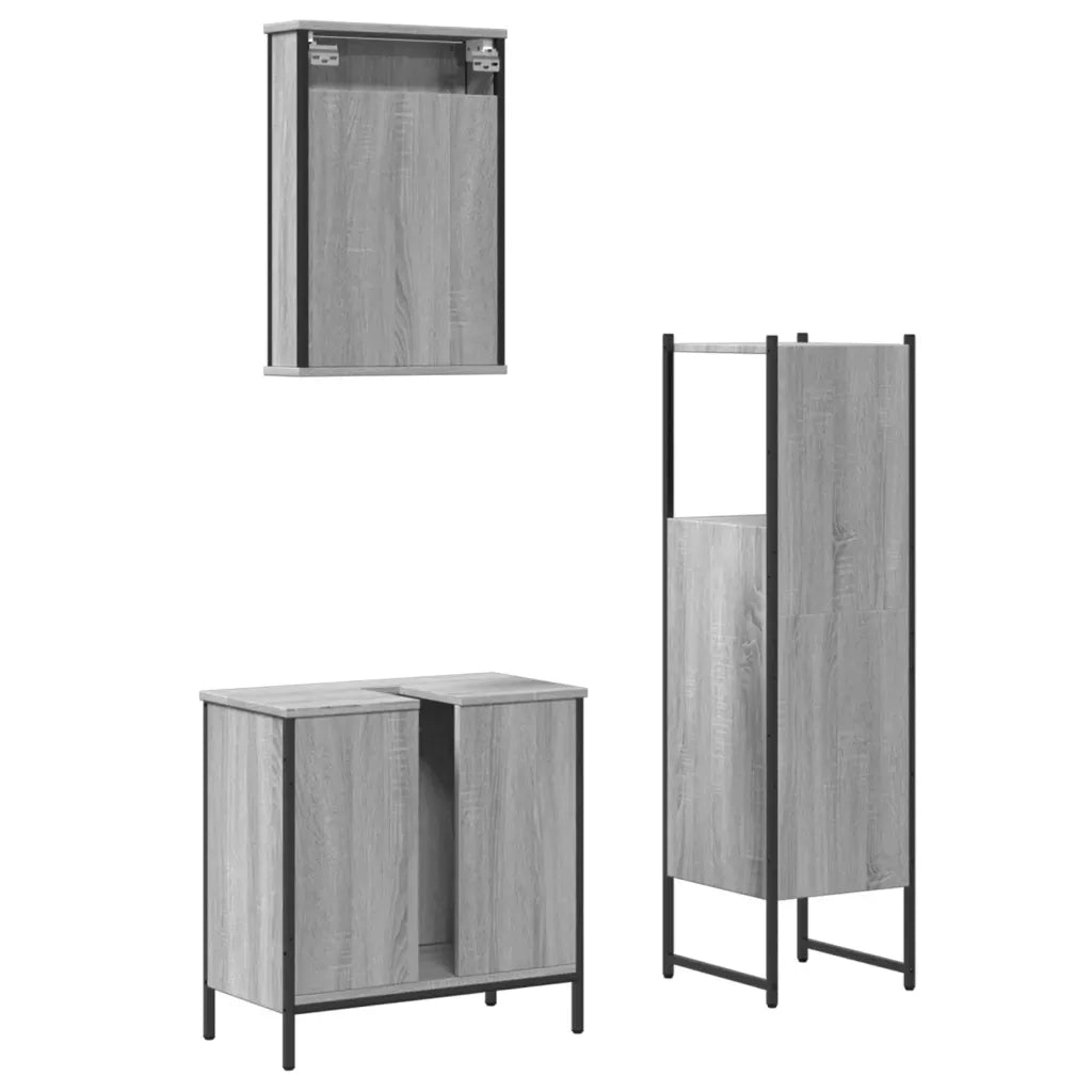 Set Mobili da Bagno | Armadio da bagno 3 pz Grigio Sonoma in Legno Multistrato