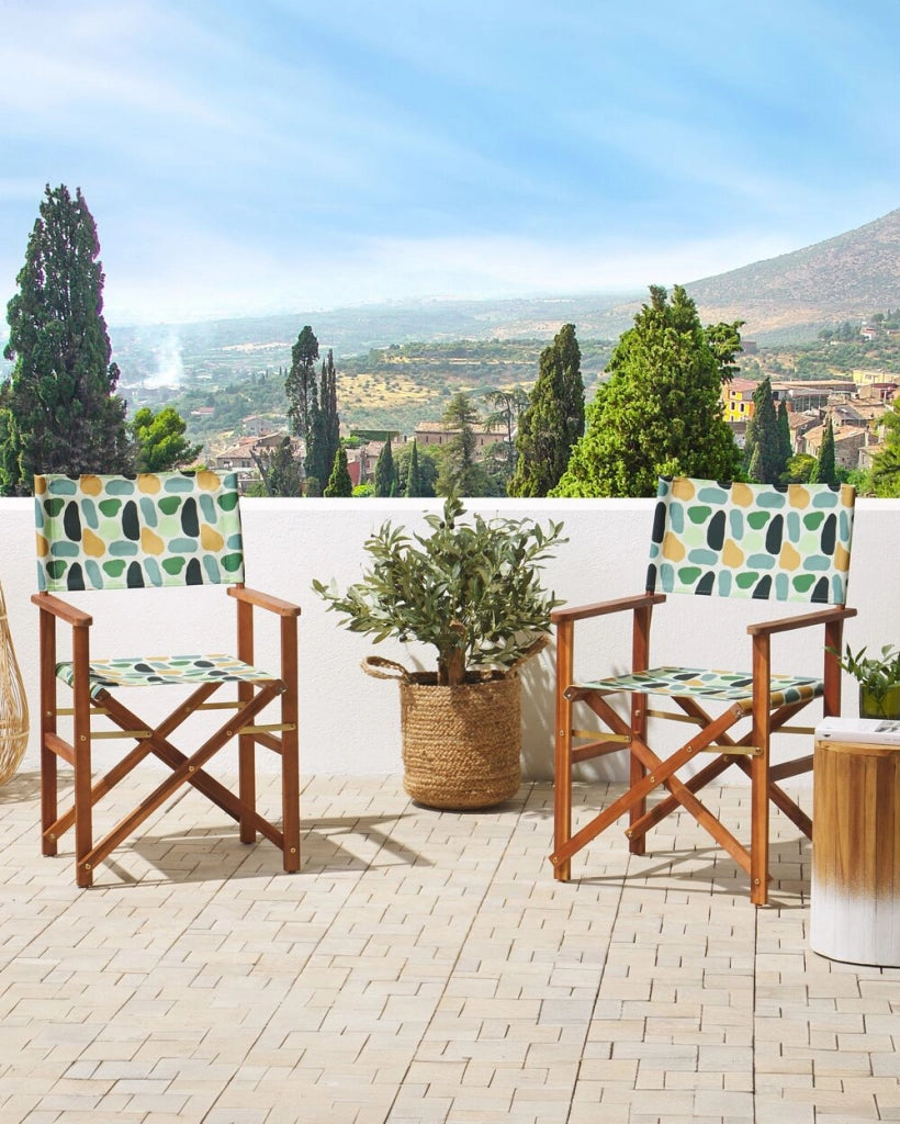 Set di 2 sedie da regista da giardino in legno scuro con tessuto di ricambio in tessuto acacia astratto bianco sporco con 2 Tele intercambiabili