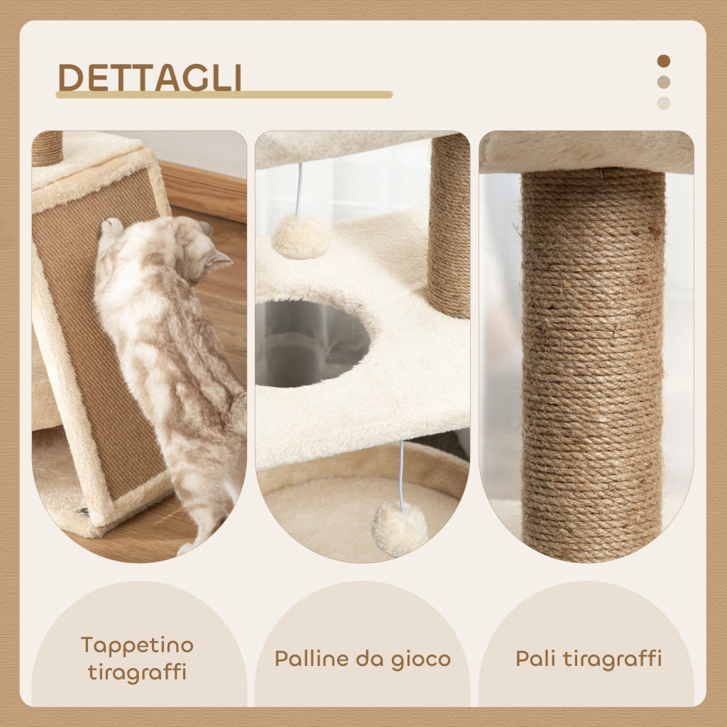 Albero Tiragraffi 60x30x76 cm con Cucce e Pannello in Sisal Marrone Chiaro