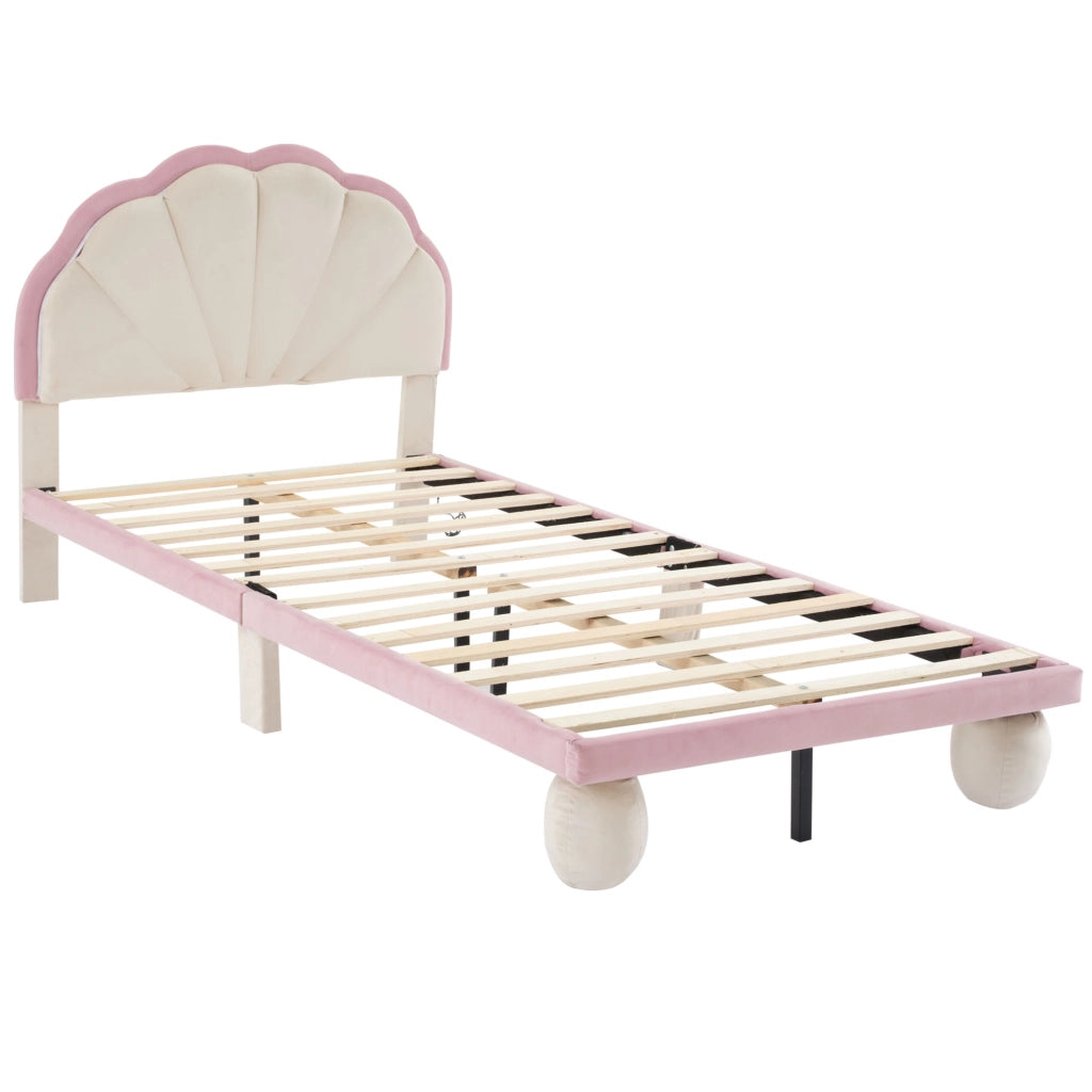 Letto imbottito con strisce LED multicolore a colori variabili, testiera con design a onde, con gambe rotonde imbottite, letto per bambini con doghe i