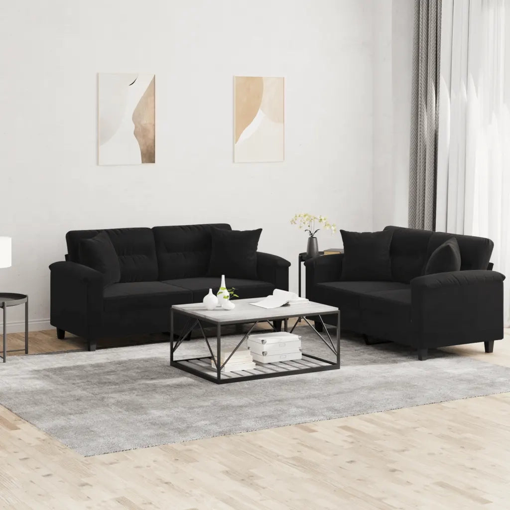 Set Divani 2 pz con Cuscini Nero in Tessuto Microfibra