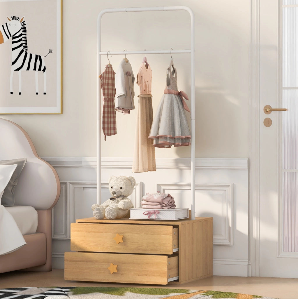 Appendiabiti per bambini con asta e 2 cassetti 70 x 55 x 168 cm in MDF; effetto legno naturale