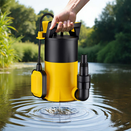 Pompa sommersa ad aspirazione piatta 3in1 750 W, portata 14000 l/h, per acque chiare e scure, con galleggiante e termoregolazione, per cantine, stagni, piscine, pozzi