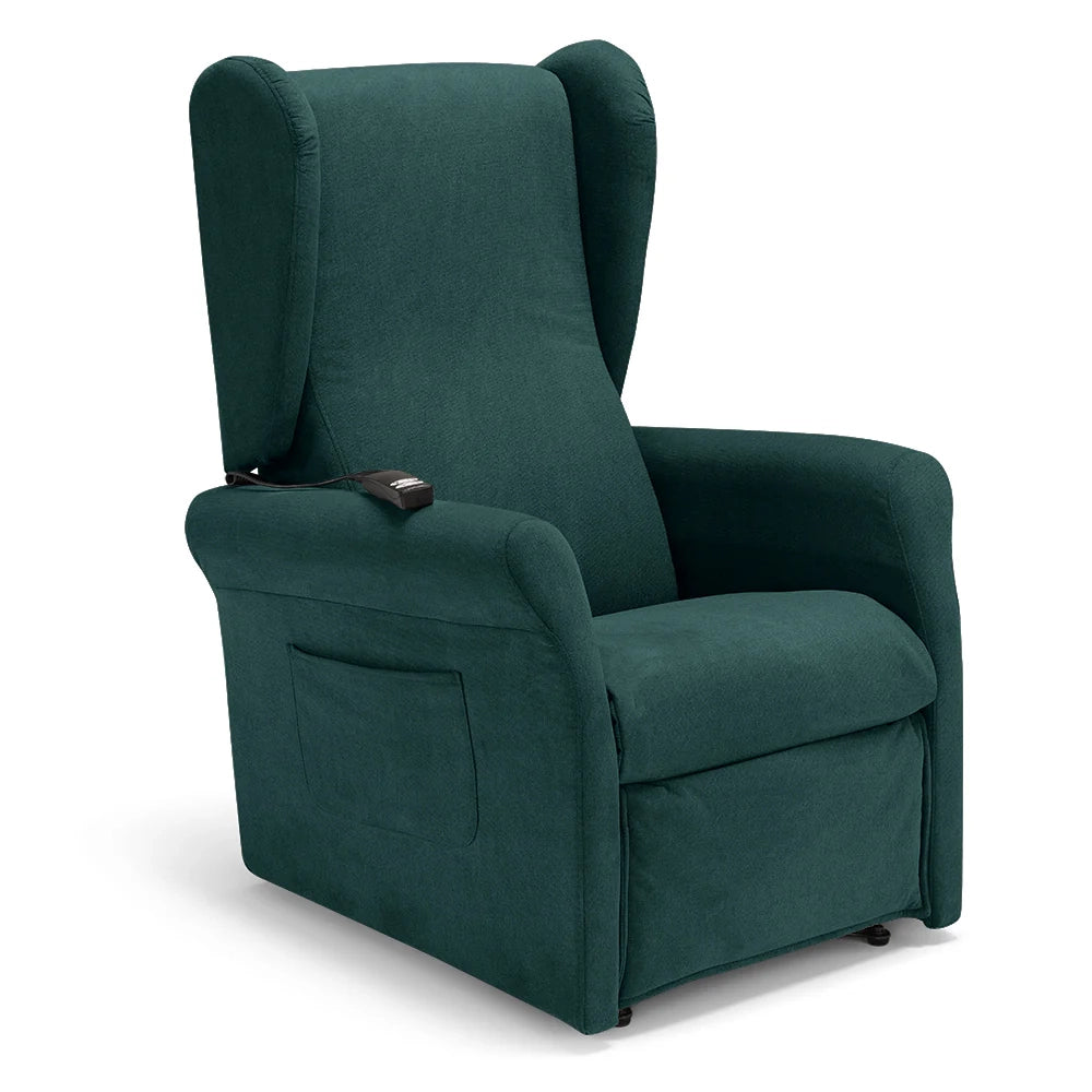 Poltrona relax elettrica PISA MADE IN ITALY per anziani e disabili, 2 motori, 4 ruote, Kit Batteria, reclinazione e alzapersona, Tessuto Antimacchia, colore Petrolio