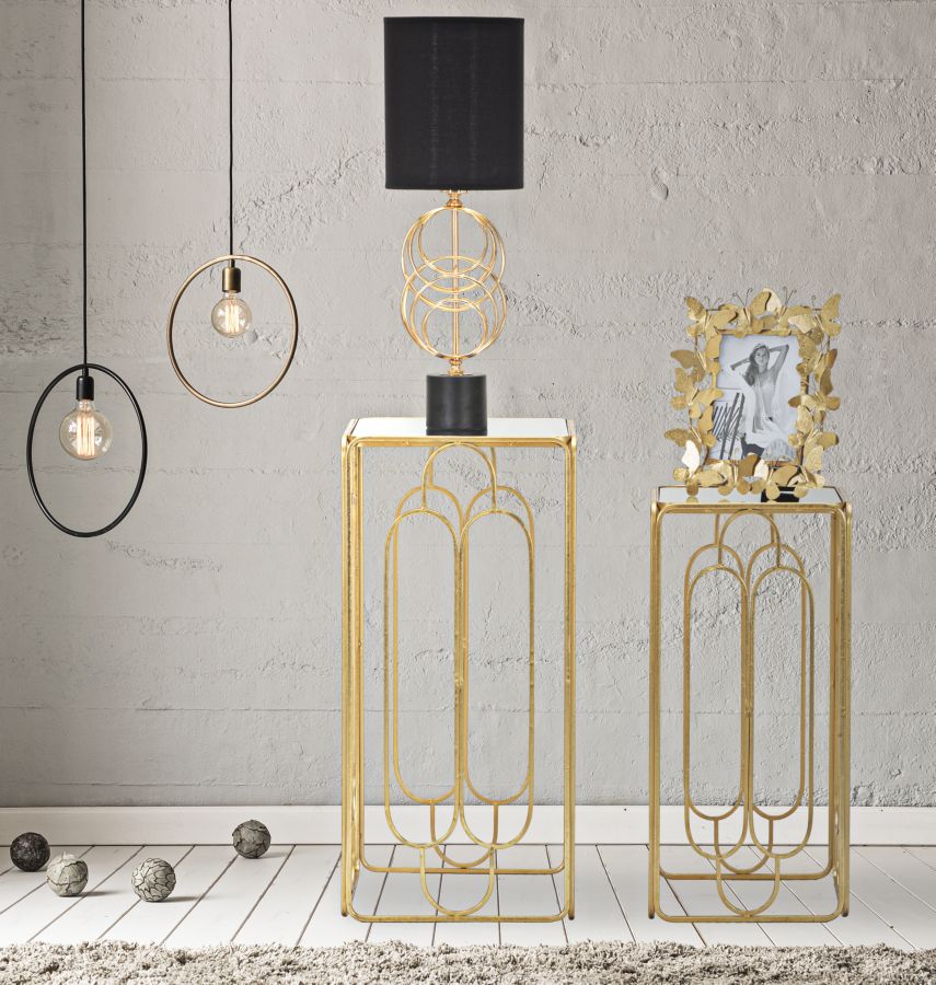 Lampada da Tavolo Circly Ø22,5x65 cm in Ferro PVC e Tessuto Oro e Nero