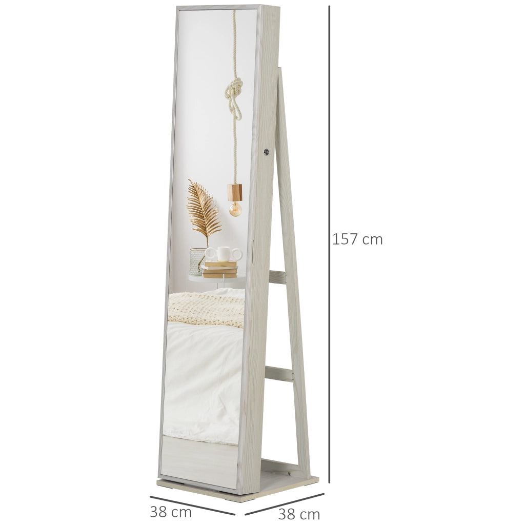 Specchio Portagioie da Terra a LED 15x15x61,75 cm con 4 Scaffali Struttura in Legno Bianco