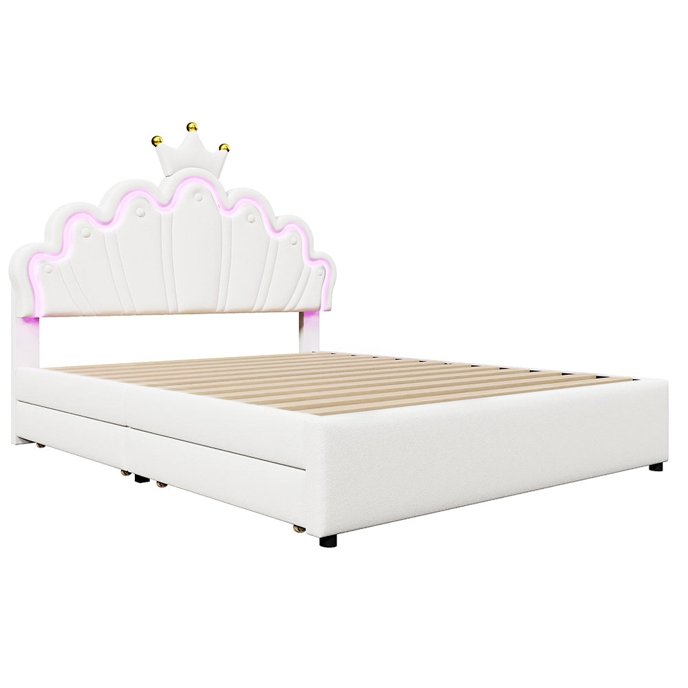 Letto matrimoniale-Xylo-140x200 cm-2 cassetti, LED, testiera corona, PU bianco