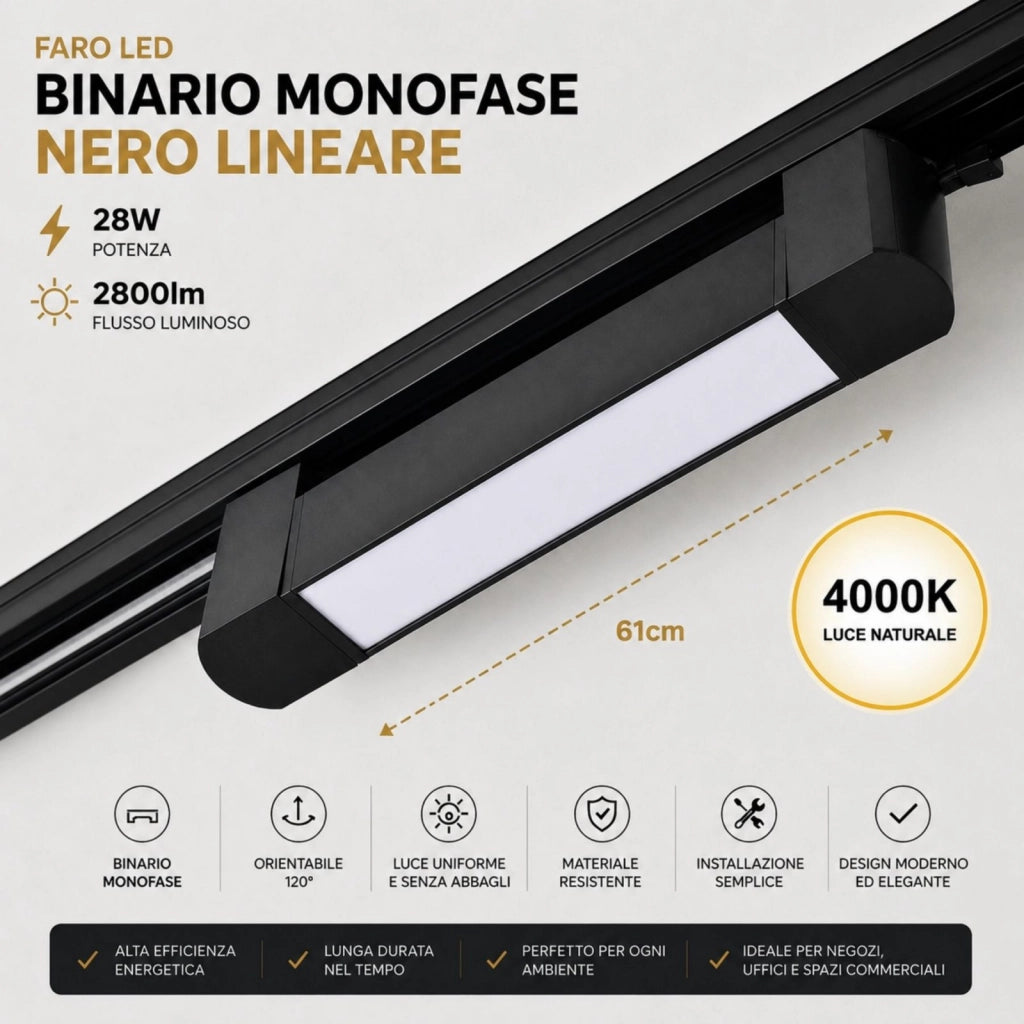 Faro Led Binario Monofase, Nero Lineare 61cm 28W 2800lm 120° Orientabile, Disponibili 3000K 4000K (Bianco Neutro 4000K)